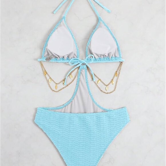 Women's Chain Linked Cut Out Halter One Piece Swimsuit - Picture 3 of 5